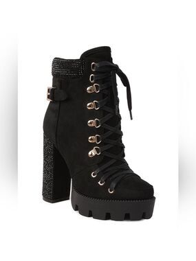 Black Lace-Up Platform Birch Diamante Block Heeled Ankle Boots Womens 8 -8.5